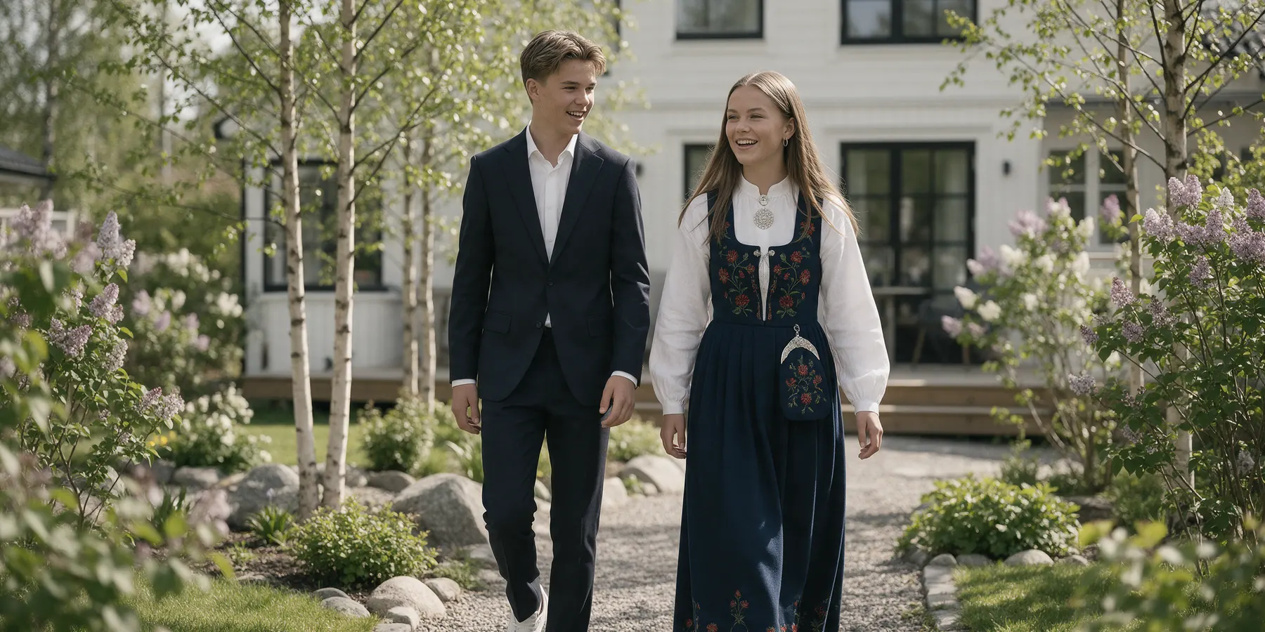 To konfirmanter på vei mellom bjørkene i mai