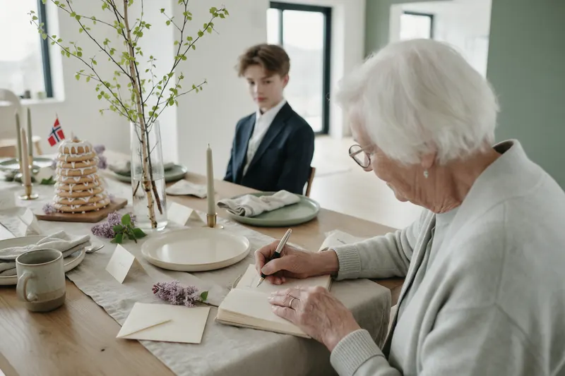 Bestemor skriver i gjesteboka med fyllepenn