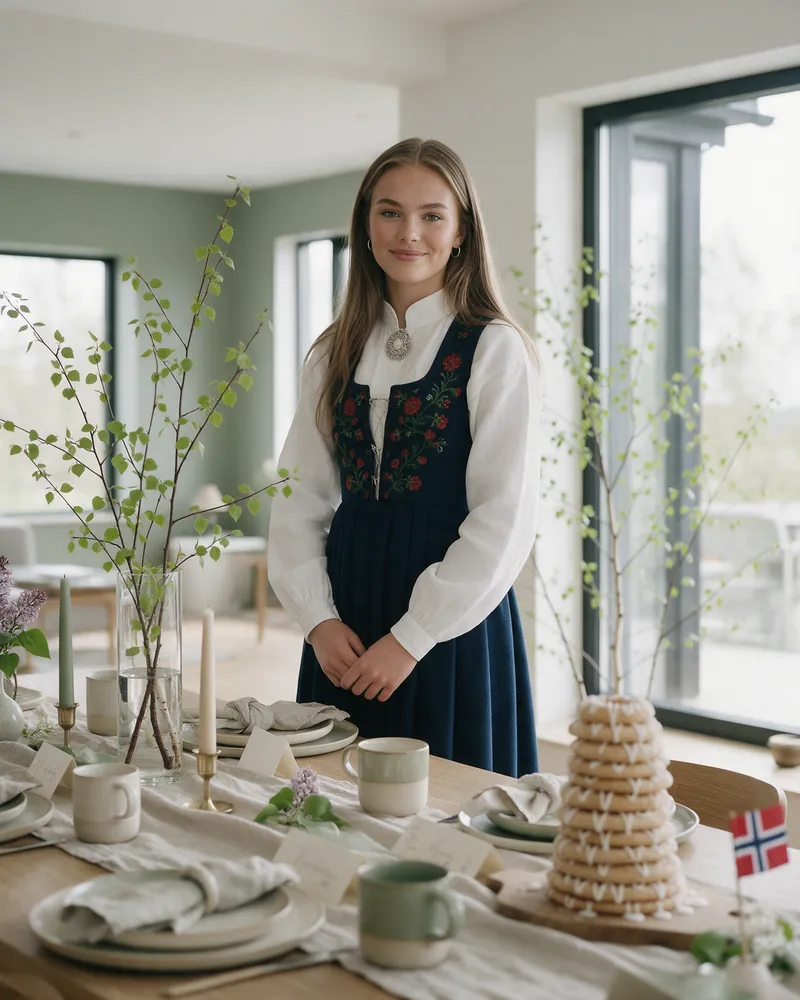 Konfirmanten i bunad ved langbordet hjemme