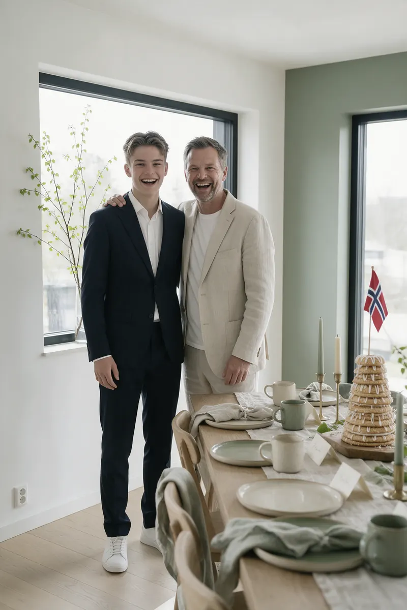 Far og konfirmanten ler sammen ved vinduet