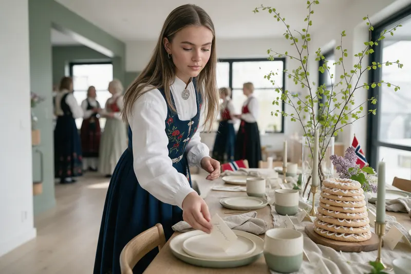 Konfirmanten setter bordkort på det dekkede langbordet